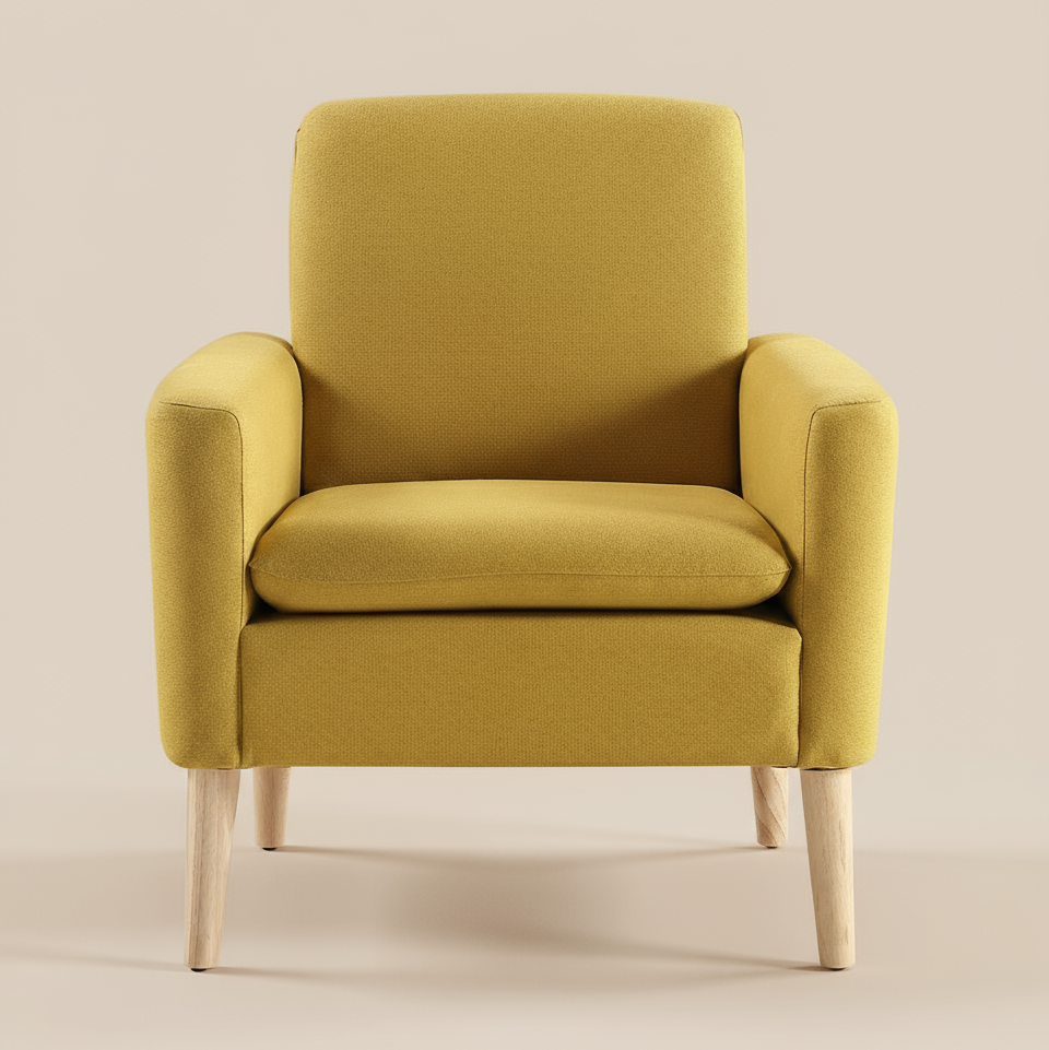 Front view of mustard fabric accent chair, 28-inch width