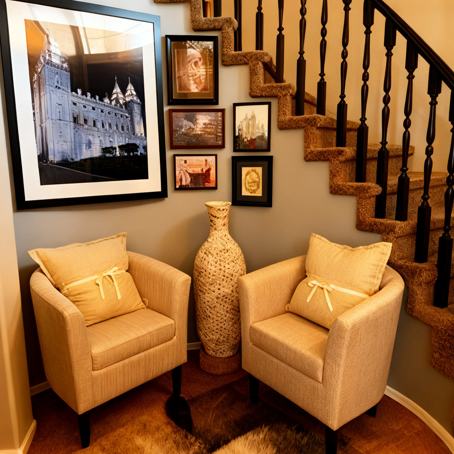 Sherpa Accent Chair with Ottoman in the corner of the stairs.