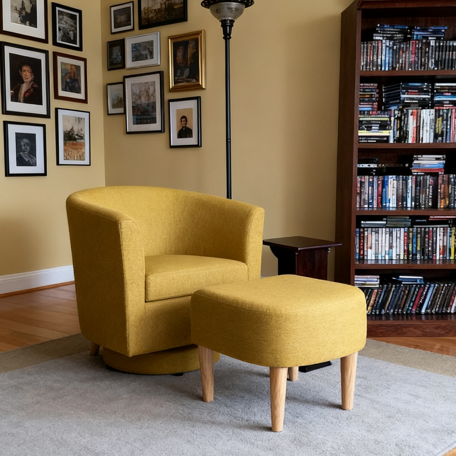 Swivel accent chair with ottoman near by the bookshelf