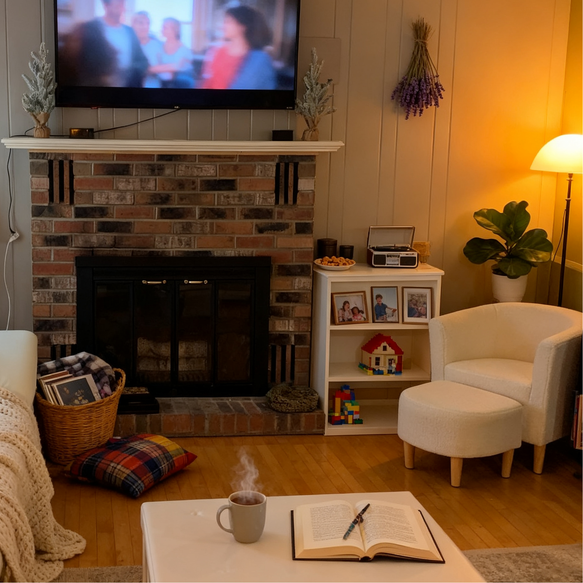 sherpa accent chair located next to the fireplace