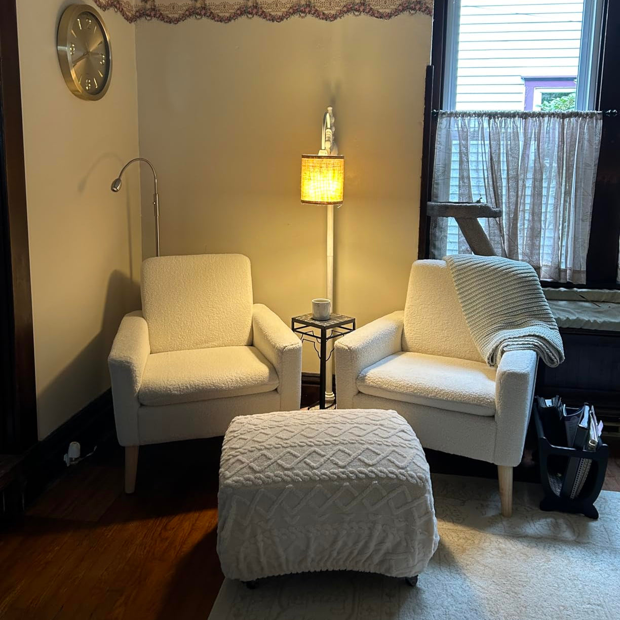 White fabric accent chair, 28" wide for small spaces
