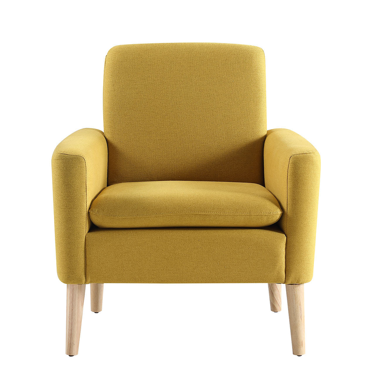Front view of mustard fabric accent chair, 28-inch width