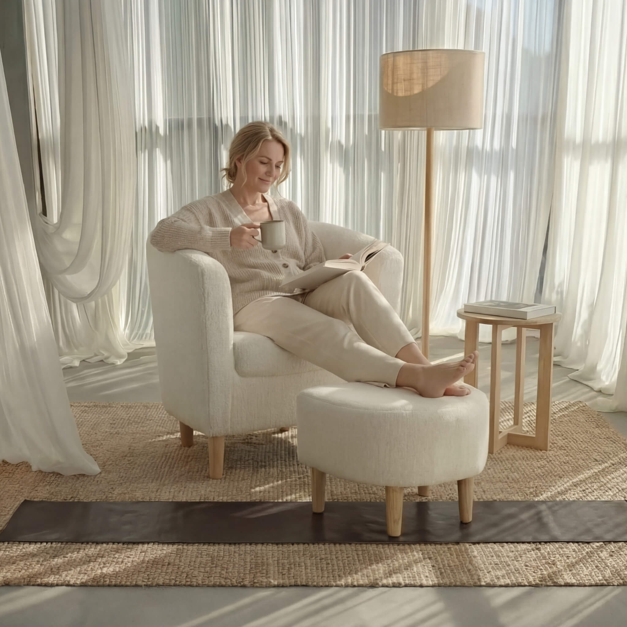 The female model sat in the Sherpa accent chair