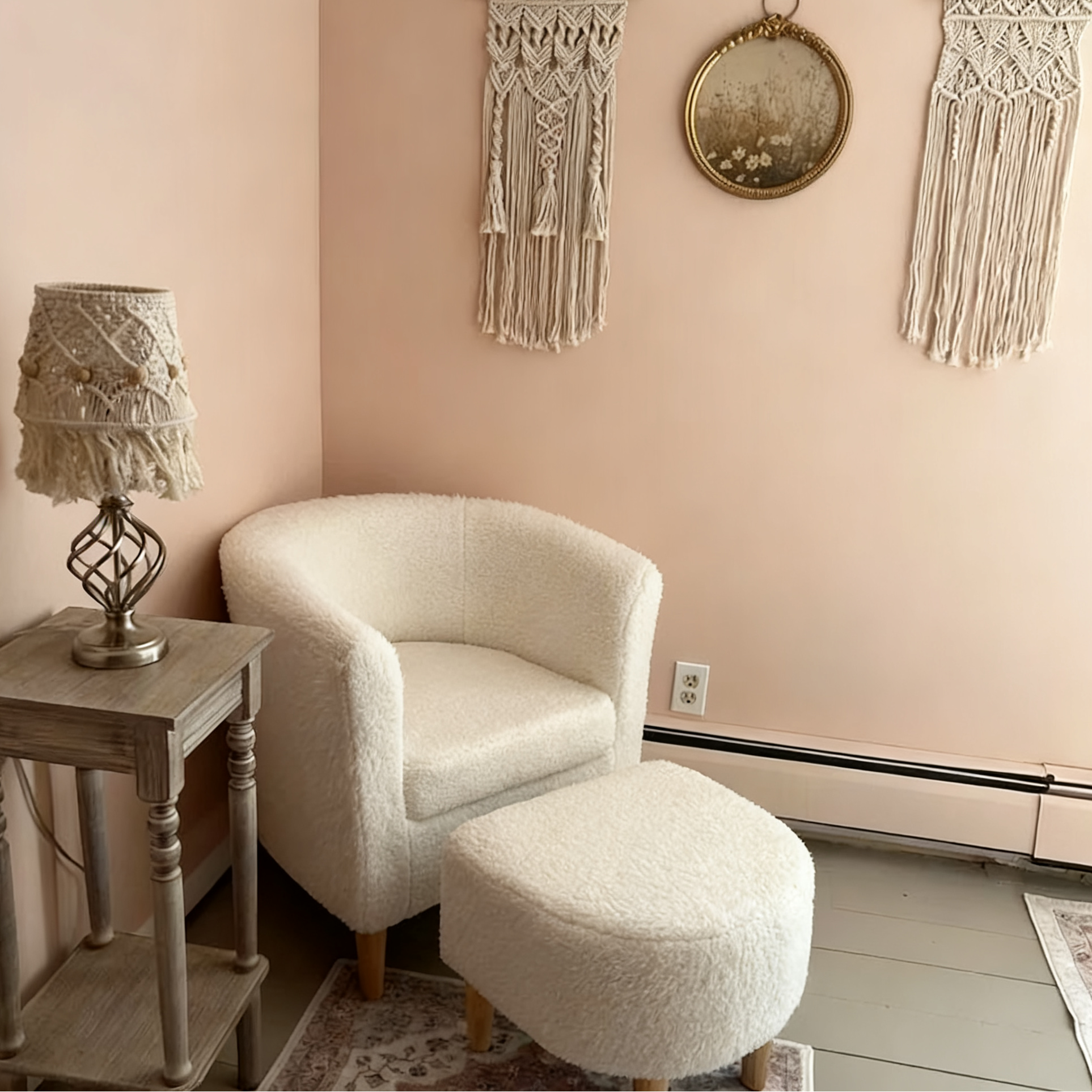 sherpa accent chair ottoman set up in the corner with pink ground