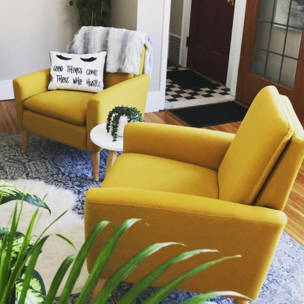 yellow minimalist accent chair, compact size