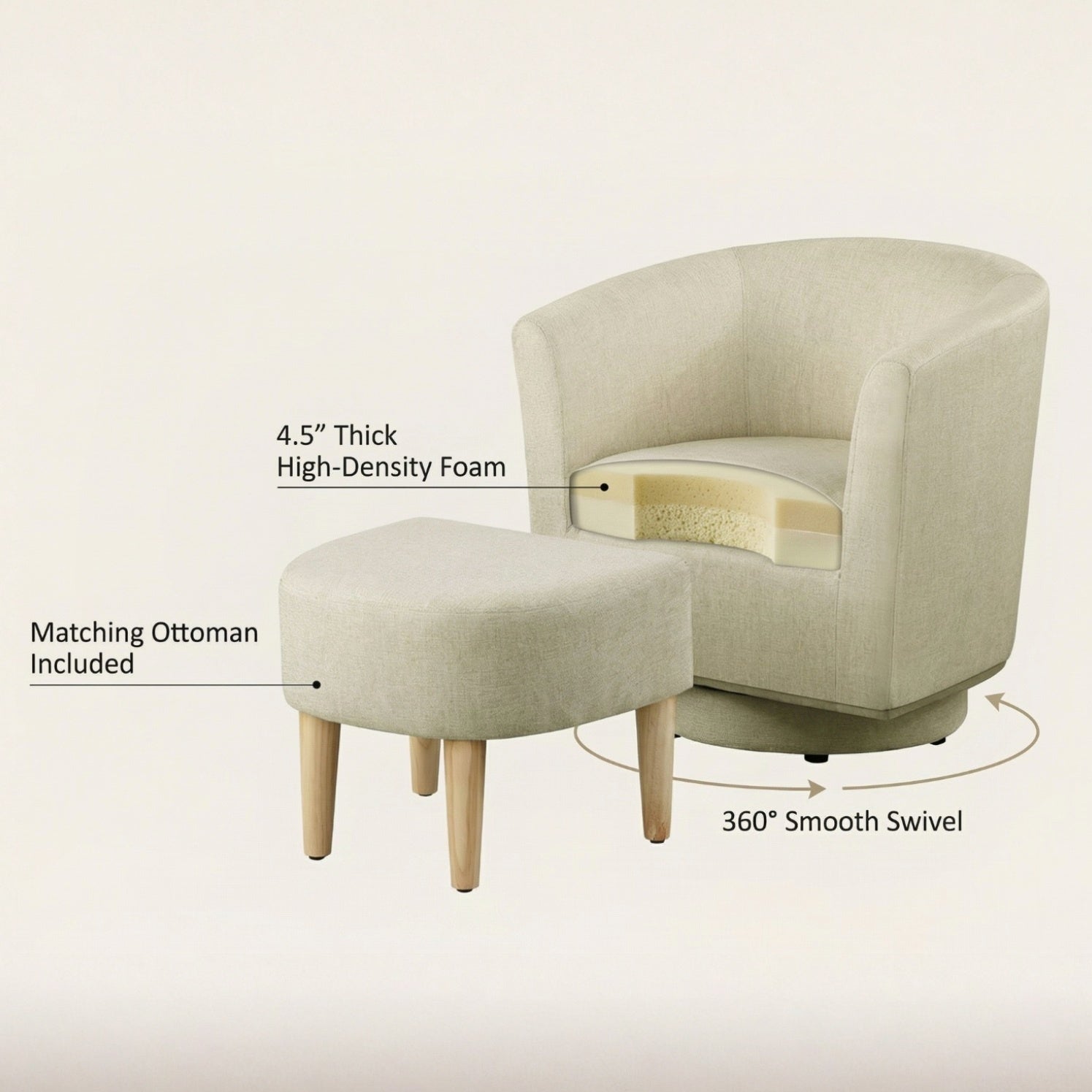 Dimensions and key features of the swivel accent chair with ottoman, designed for small spaces.