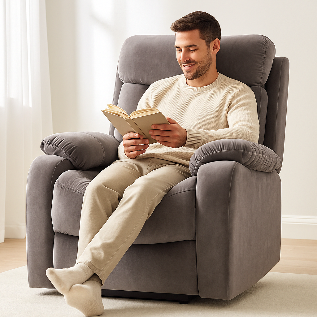 A Man Sitting Silver Brown Electric Recliner Accent Chair 31" Wide Side View 