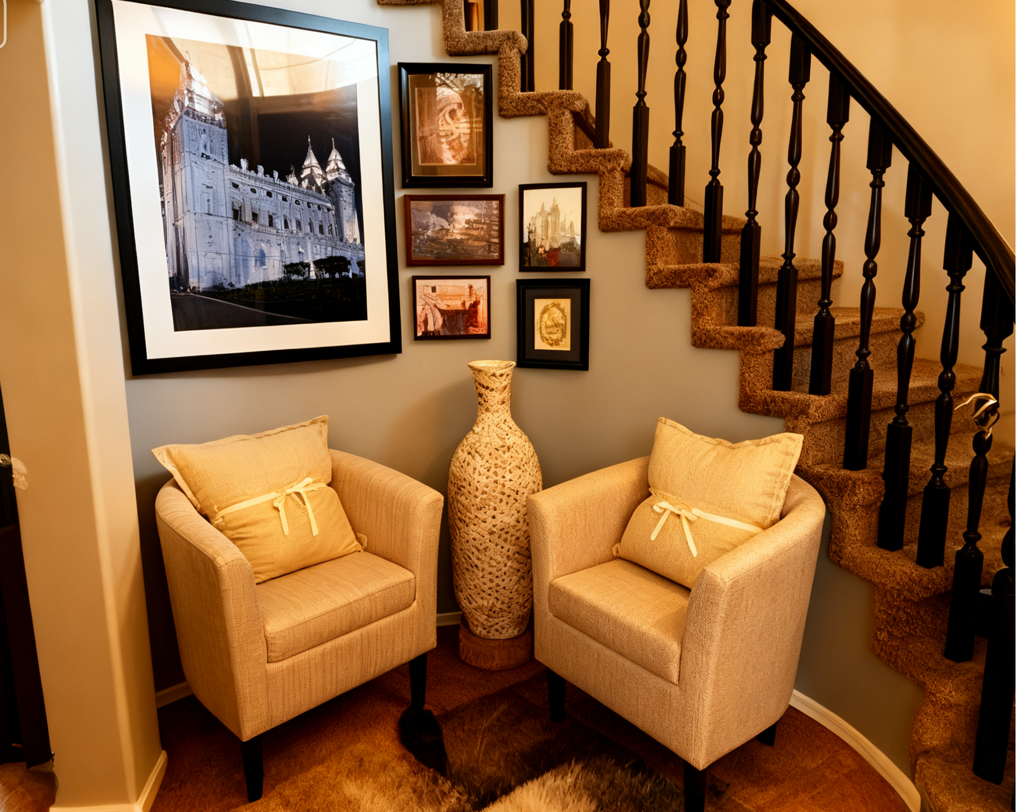 Sherpa Accent Chair with Ottoman in the corner of the stairs.