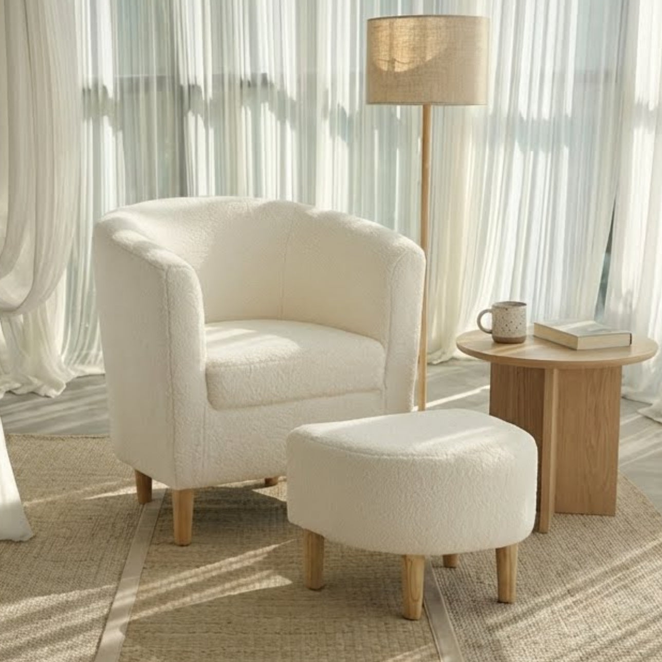 Sherpa accent chair with matching ottoman in Cloud White