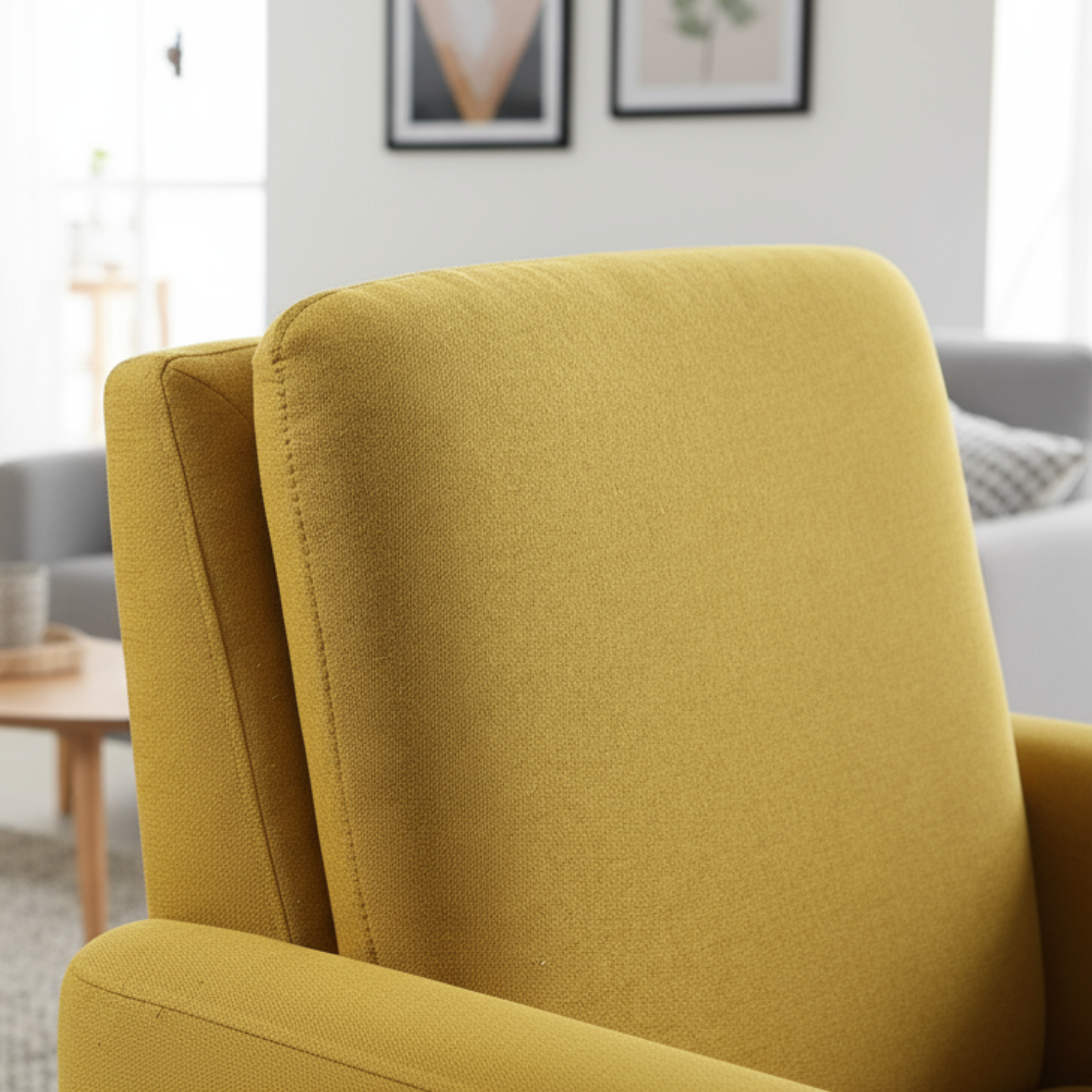 Upholstery and cushion detail of mustard chair