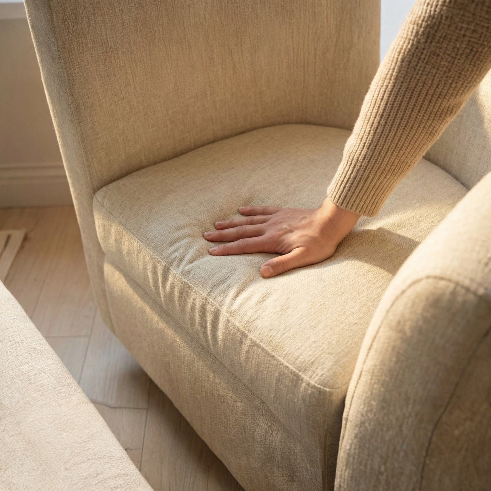 Hand pressing the seat cushion to show the supportive comfort of the linen-upholstered swivel accent chair.