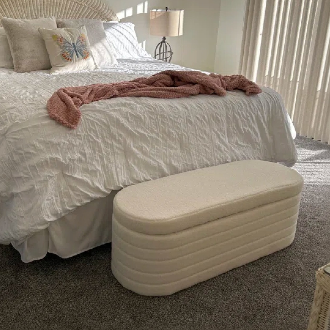 Teddy velvet storage bench styled in modern living room