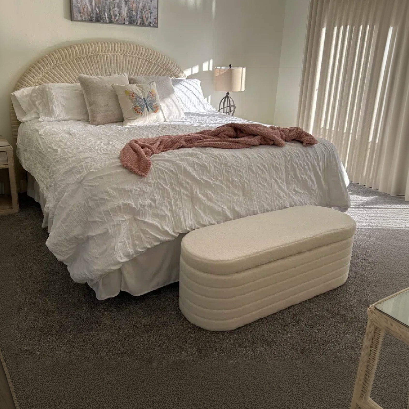 Teddy velvet storage bench styled in modern living room