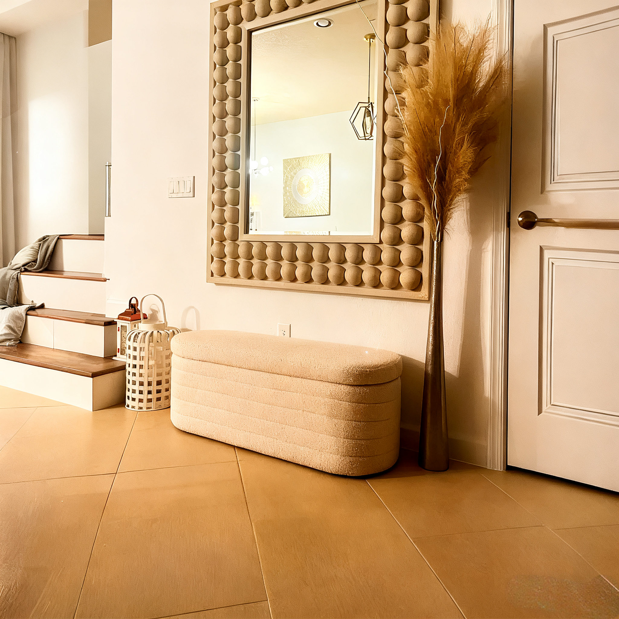 Teddy velvet storage ottoman bench in cream with minimalist design