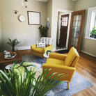 yellow minimalist accent chair, compact size  