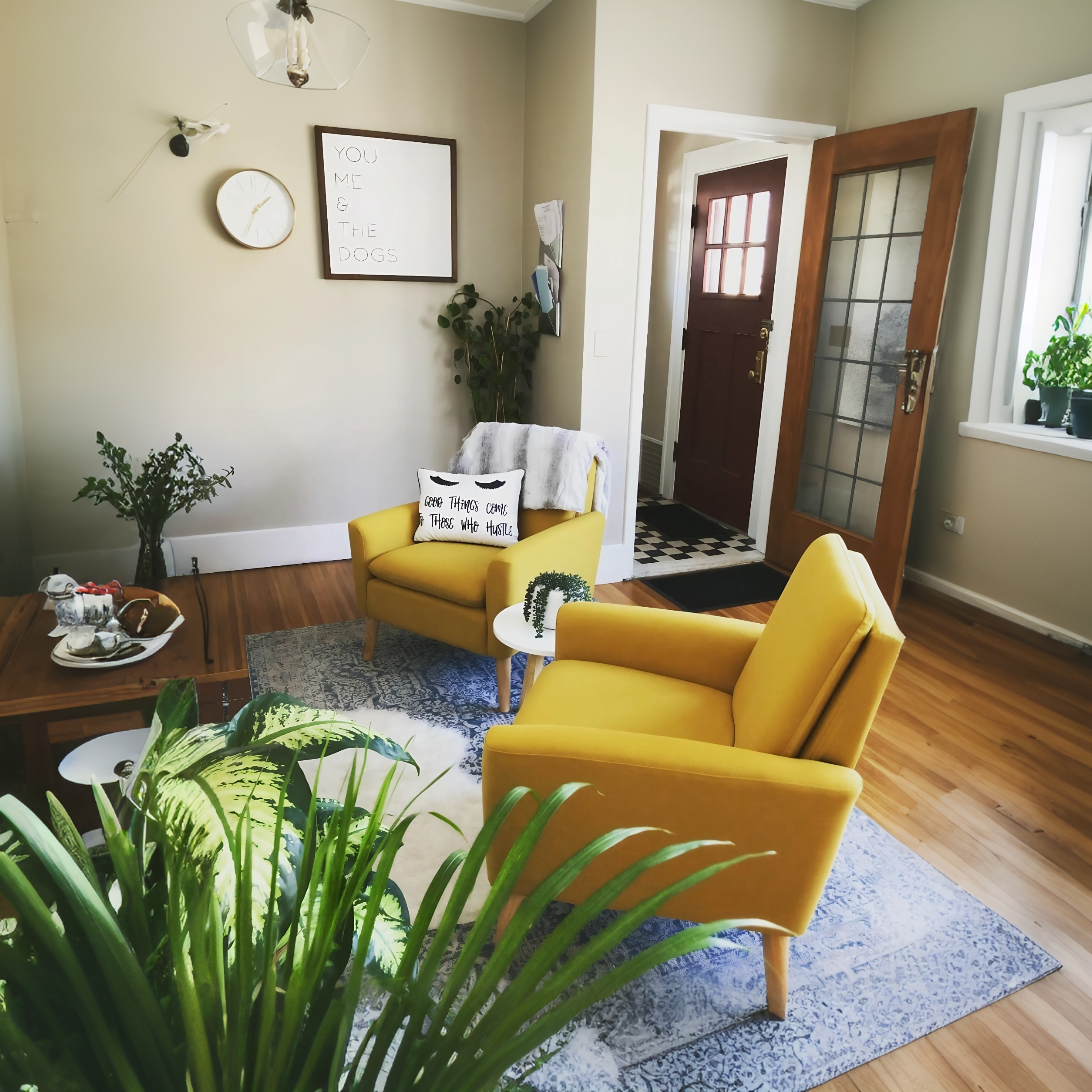 yellow minimalist accent chair, compact size  