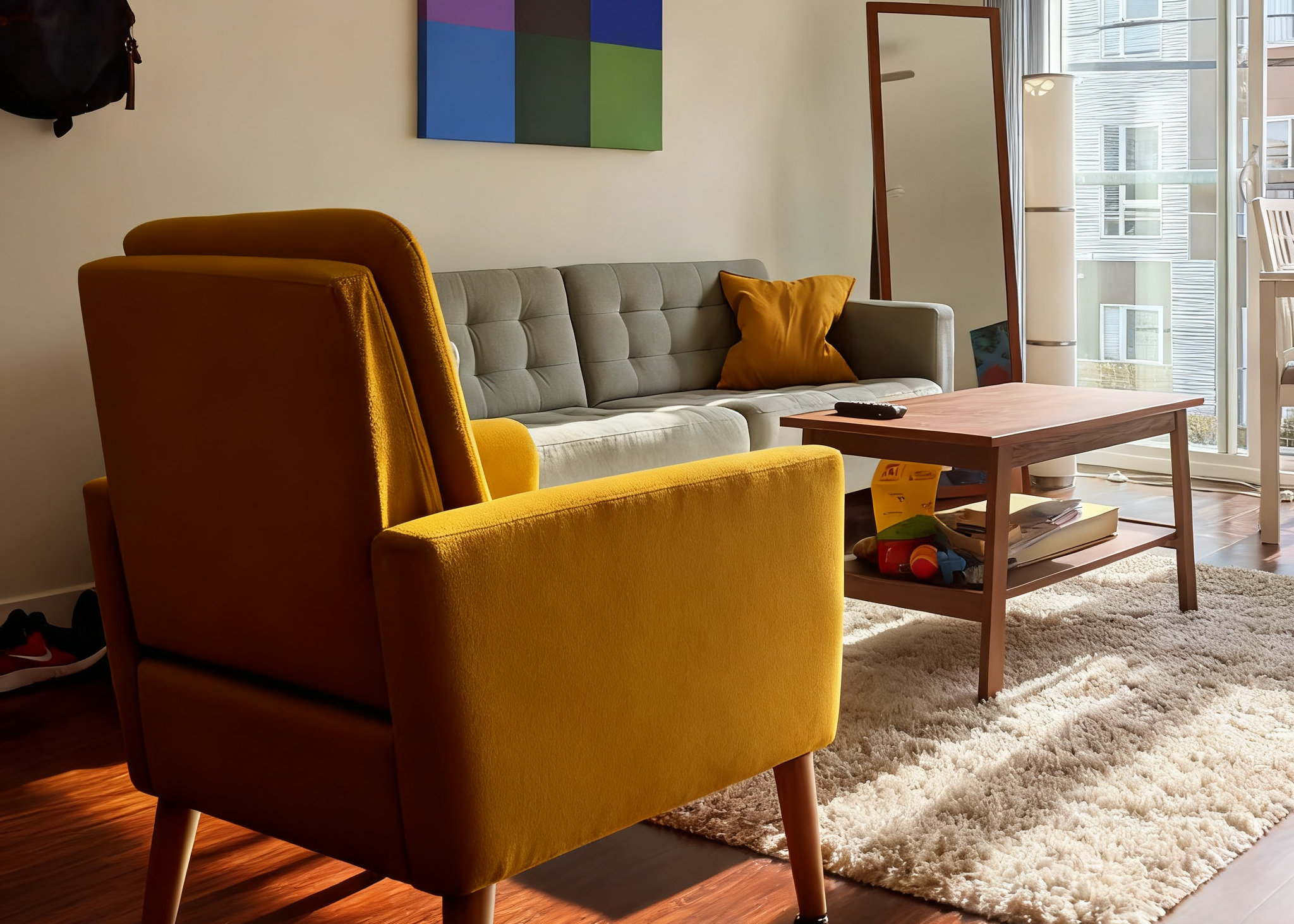 yellow minimalist accent chair close-up in the living room